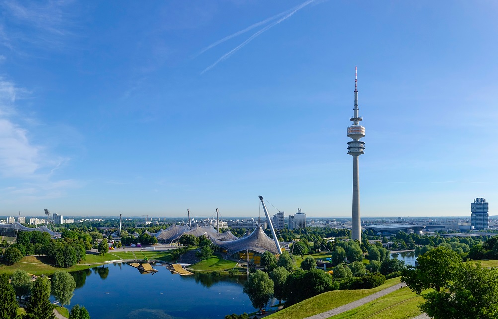 View of the Olympic Stadium in Munich, Olympic Tower, BMW Tower