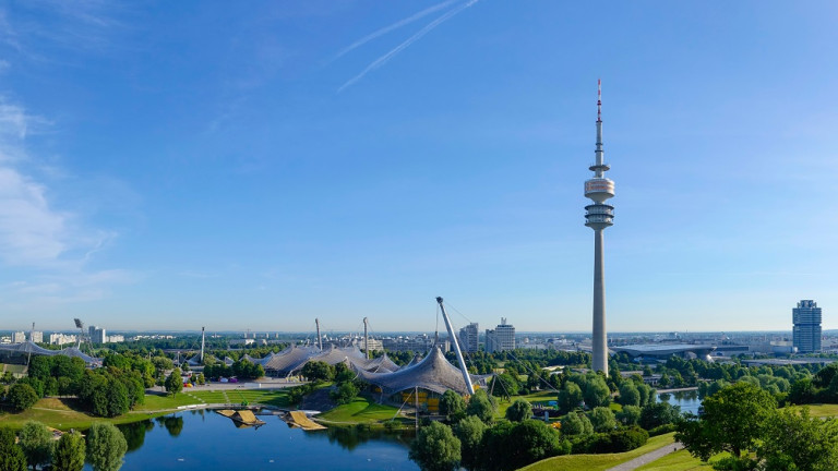 View of the Olympic Stadium in Munich, Olympic Tower, BMW Tower